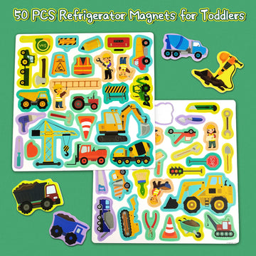 Xylolin Construction Site Fridge Magnets for Kids, 50 PCS Multi Color Educational Play Stickers, Cardboard Travel Game