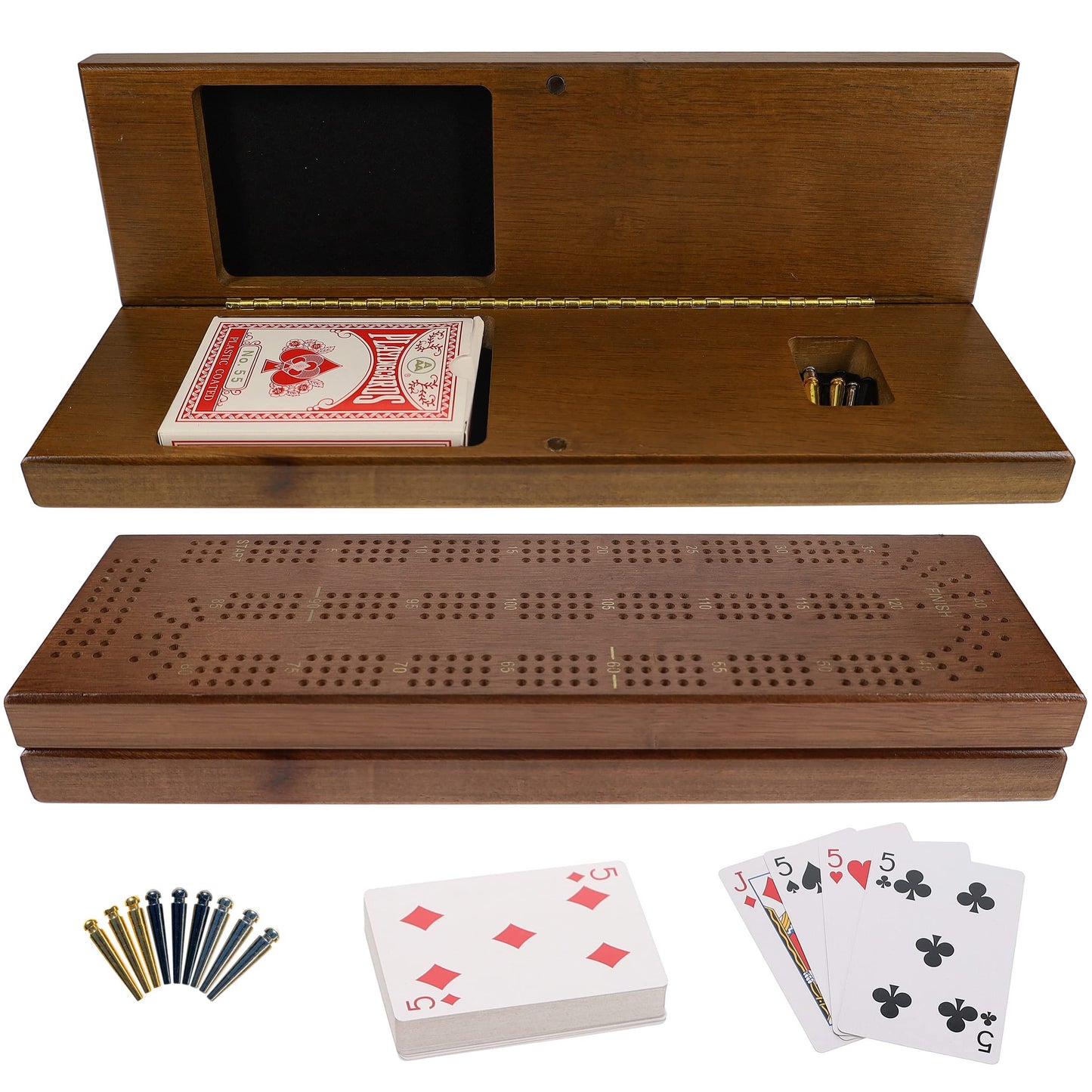We Games Cribbage Board With Pegs - Cribbage Set Of Playing Cards & 9 Metal Pegs - Fun Family Game Night - Travel Cribbage Board, Walnut Stained