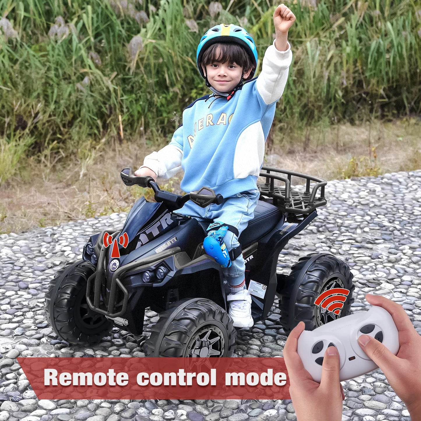 SOAR Remote Control 4 Wheeler for Kids, Black Electric ATV, 12V Battery, LED Lights, Music, High/Low Speed, Ages 3-6