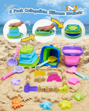 Unistylar Beach Toys, Sand Beach Toys for Toddlers with 3 Collapsible Foldable Sand Bucket and Shovels, Mesh Bag, Sand Castle An