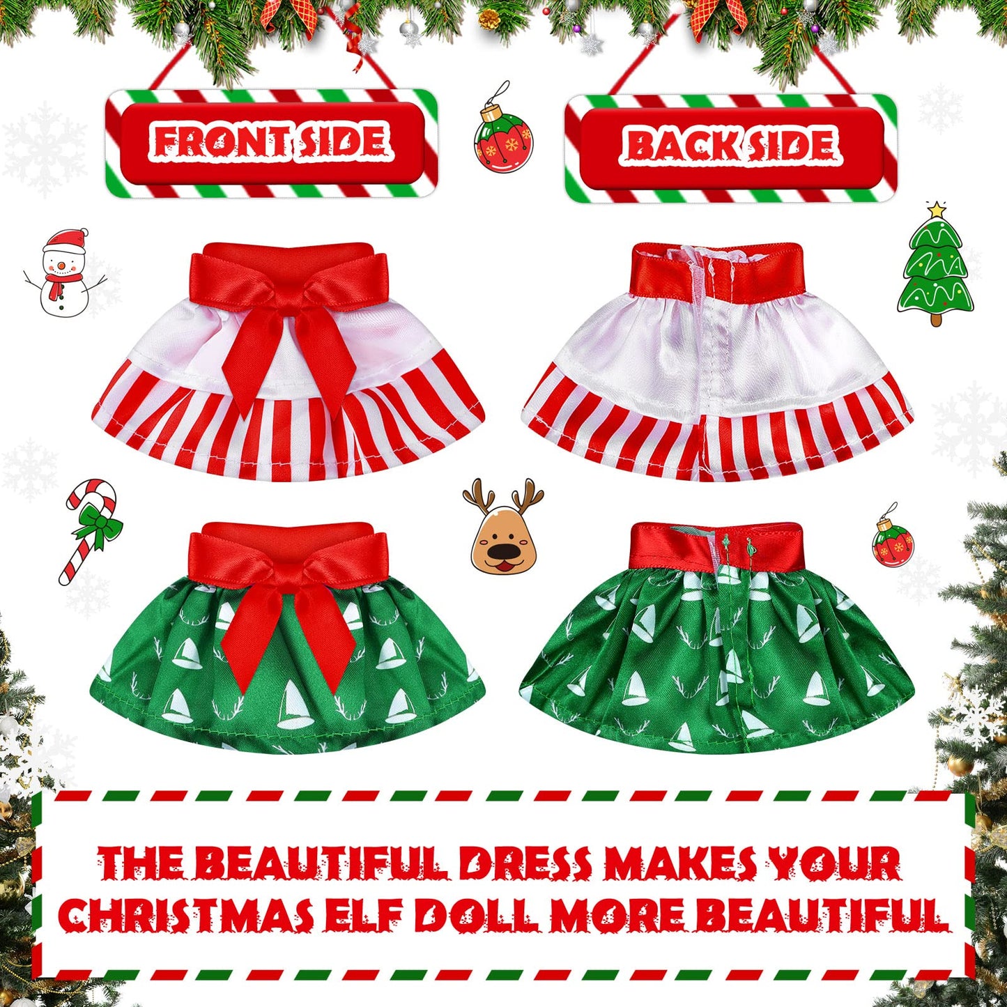 6 Pieces Santa Clothing Elf Dance Skirt Set Christmas Elf Skirts For Christmas Doll Holiday Decorations (Not Include Doll)(Stylish Style)