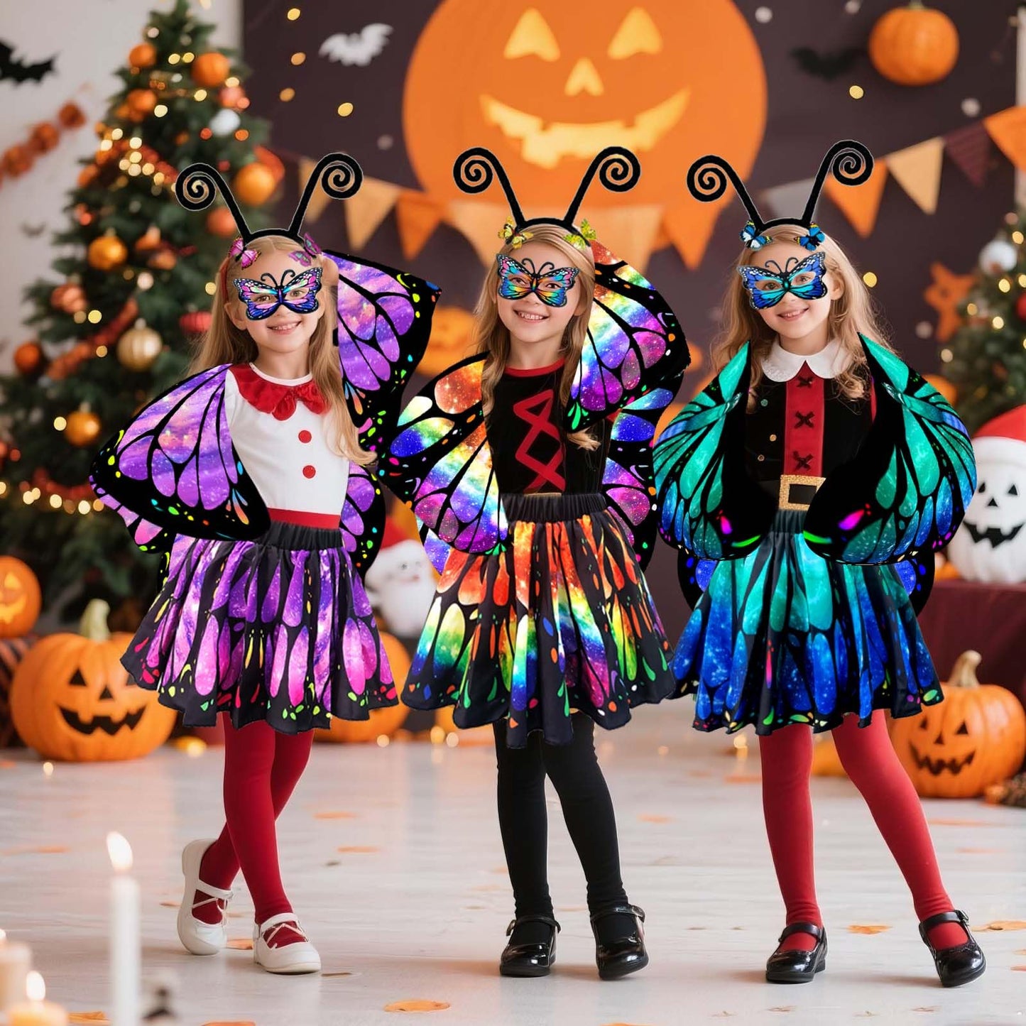 Jackcell Butterfly Wings Costumes for Girls - Double Sided Butterfly Cape Halloween Costume with Fairy Skirt for kids, Fairy Win