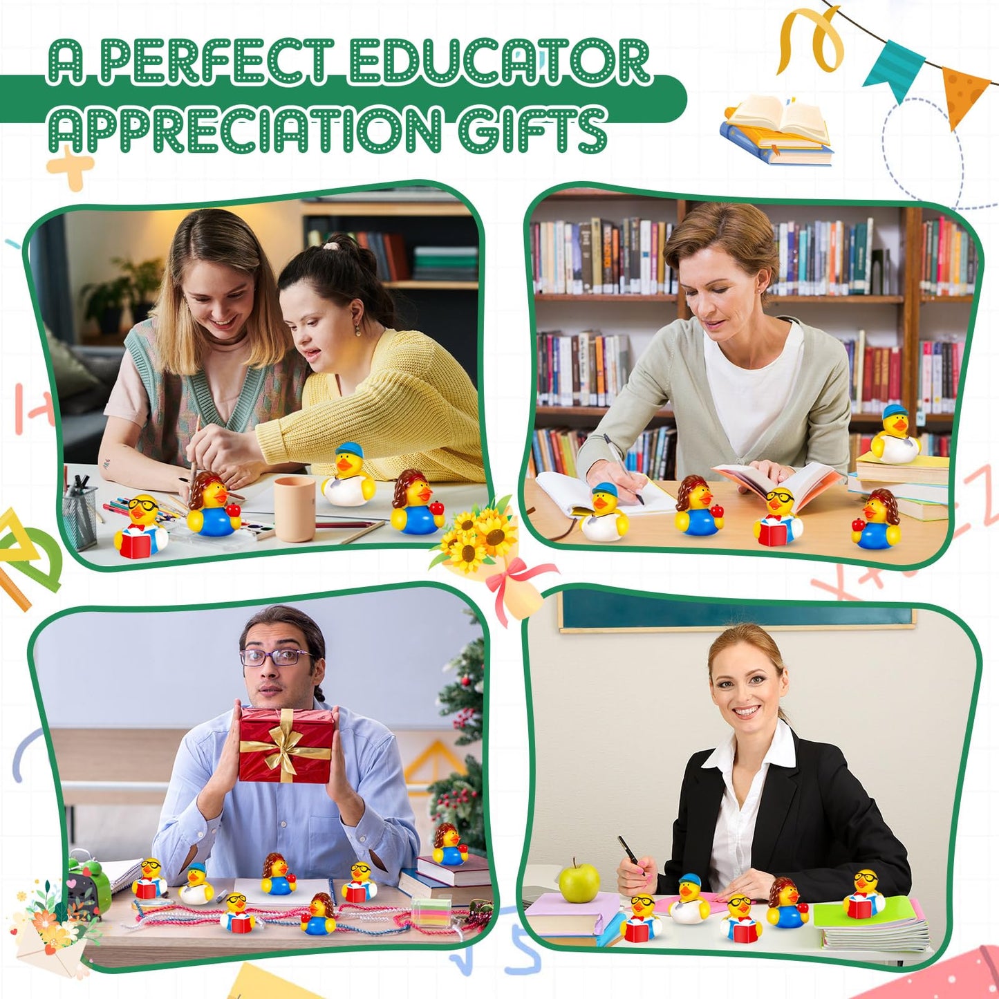 Deekin 48 Pcs Teacher Themed Party Favors Rubber Ducks 2 Inch School Educator Events Award Gifts for Teacher Appreciation Cute I