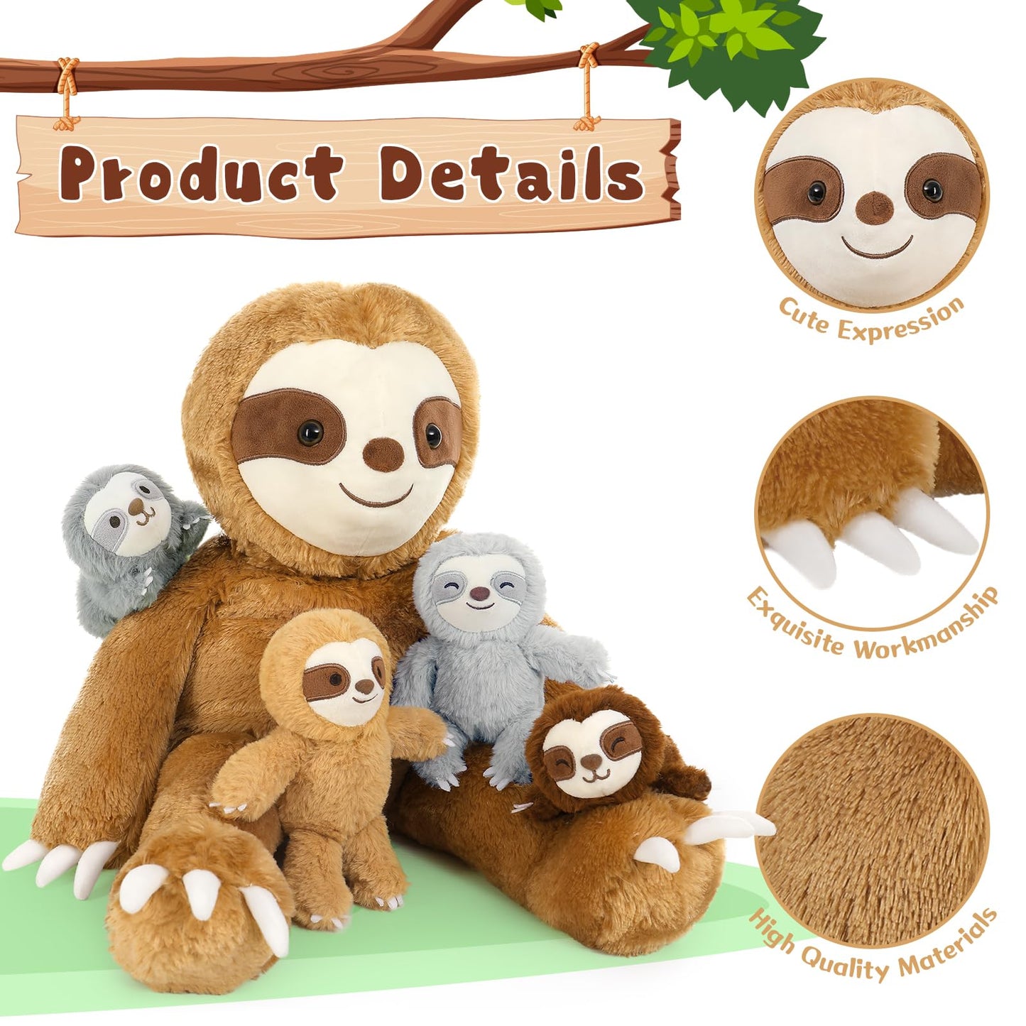 Tezituor Sloth Stuffed Animal Set,5 Pcs Sloth Plush Toy 22 Inch Large Mommy Stuffed Sloth With 4 Babies, Soft Cute Sloth Toys For Girls Boys, Brown