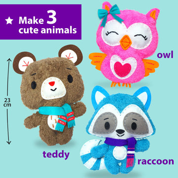 Krafun Sewing Kit For Kids Age 7 8 9 10 11 12 Beginner My First Art & Craft, Includes 3 Stuffed Animal Dolls Teddy, Raccoon And Owl, Instructions & Plush Felt Materials For Learn To Sew, Embroidery