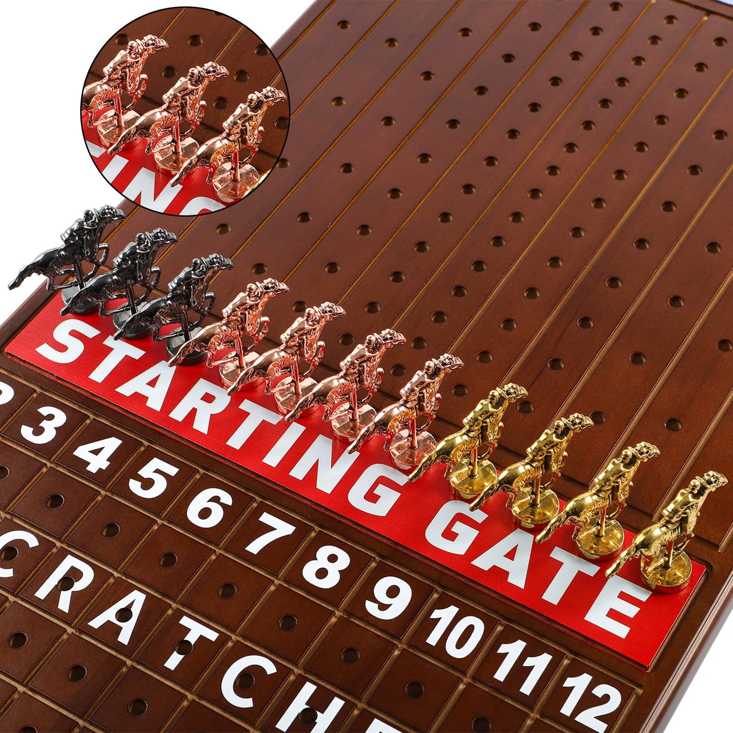 Grhonior 21 Inches Horse Racing Board Game Wooden Finish Line Race Horse for Family and mature-themed Party with 11 Metal Horses Classic Card and Dice Horse Track Tabletop Game Nights