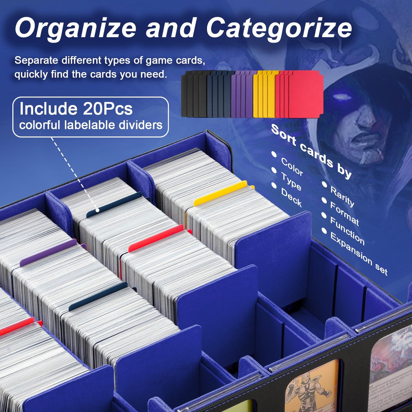 TiMOVO MTG Deck Box Magnetic Trading Card Storage Case Holds 3000+ Sleeveless Cards with 20 Colorful Dividers & 4Pcs Card Supporters 4 Rows Commander Card Deck Box for Magic Game Cards Black + Blue