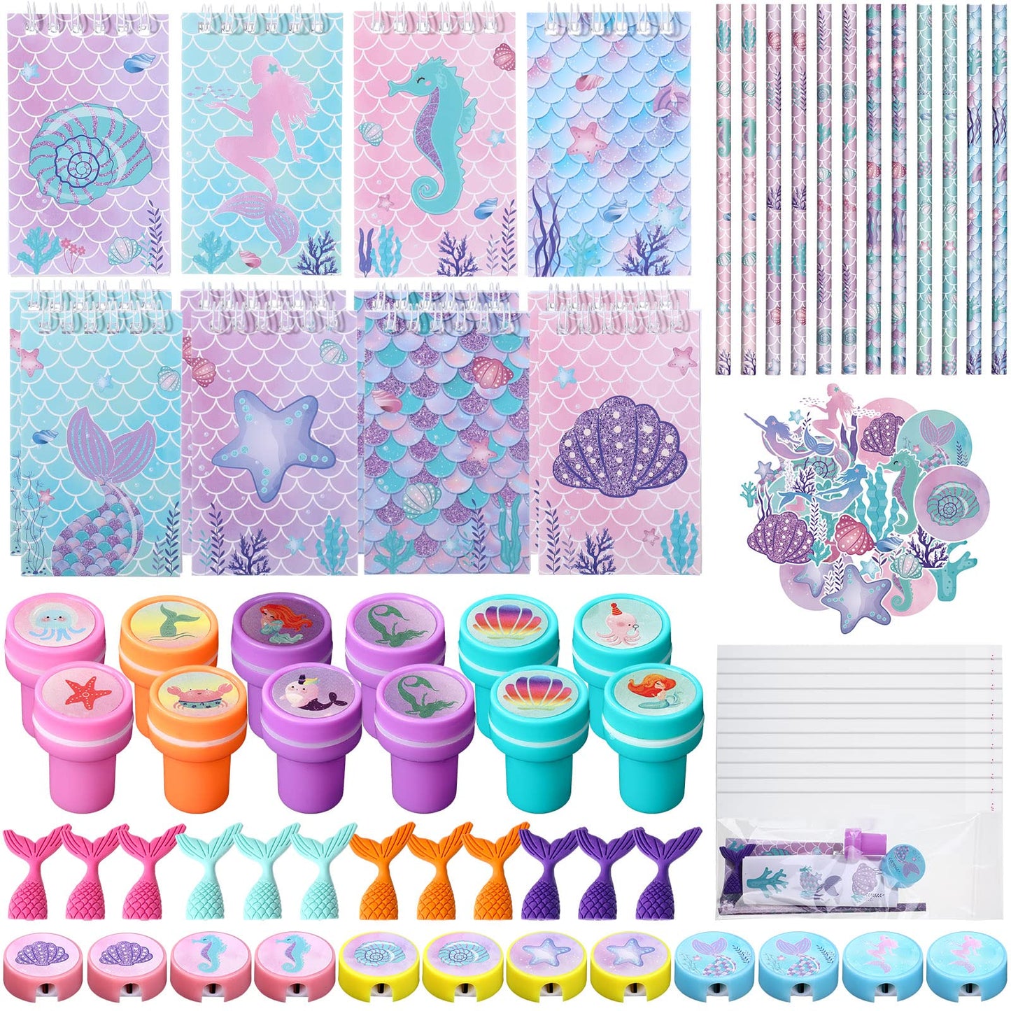 Faccito Mermaid Party Favors Mermaid School Stationery Set Class Reward Gift Notebooks Pencils Sharpener Erasers Stickers Sharpe