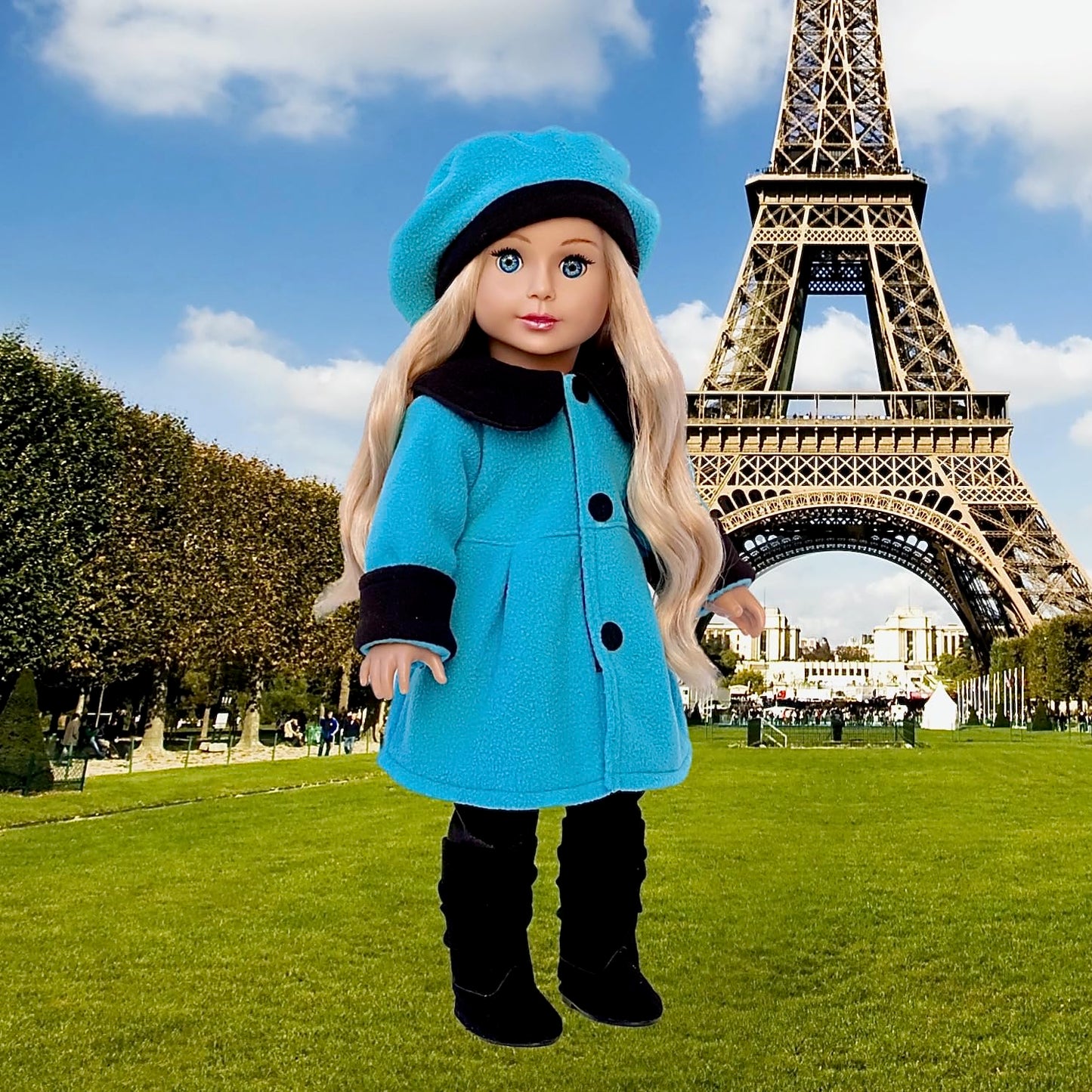 Parisian Stroll - 4 Piece Outfit - Blue Fleece Coat With Matching Beret, Black Leggings And Boots - Clothes Fits 18 Inch Doll (Doll Not Included)