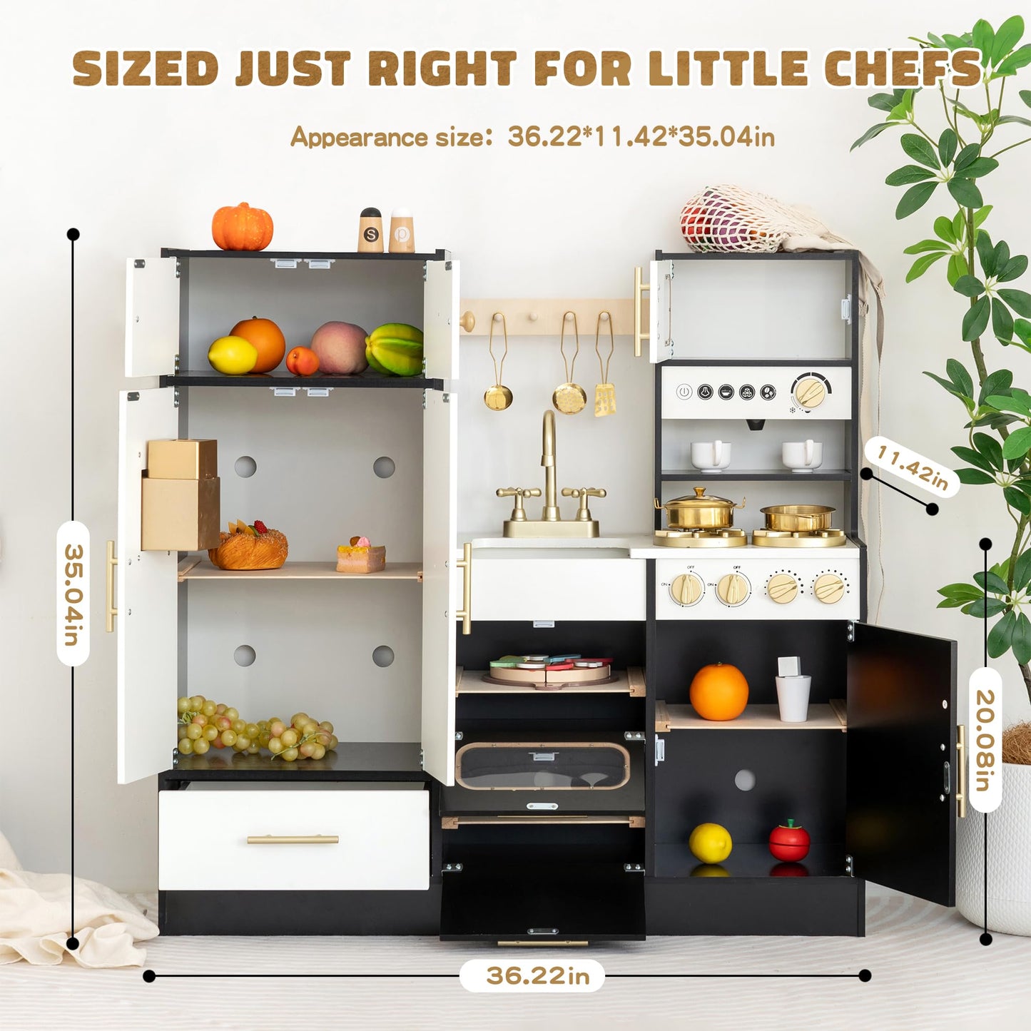 Wooden Play Kitchen Set for Kids - Interactive Pretend Toddler Kitchen Playset with 12 Kitchen Toy Accessories, Perfect for Ages