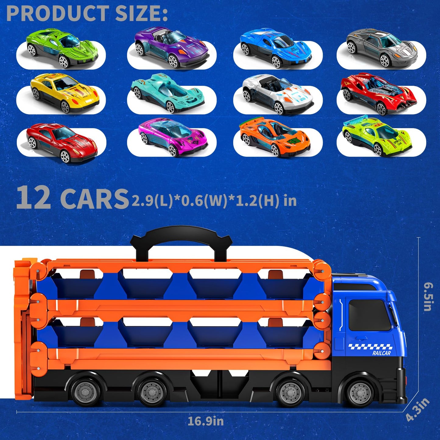 GYYCKTD Cars Truck Set Transport Toy for Kids, Race Track Set with 12 Die-Cast Cars, Trucks Playset, 2-Tier Launching Tracks, Ca
