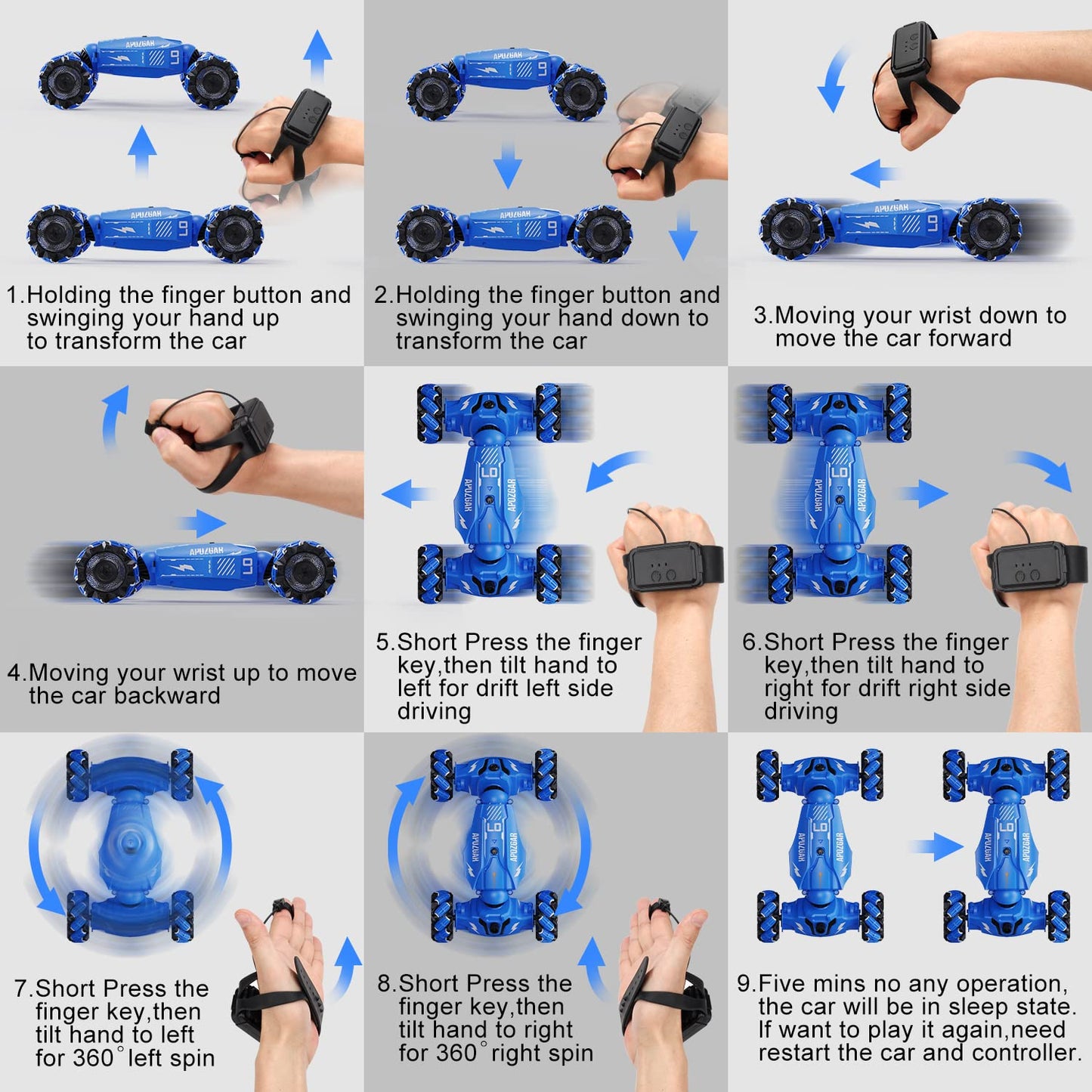 LOOZIX Hand Gesture Sensing RC Stunt Car, Medium, Plastic, Blue, Lights & Music, 360 Spins, All Terrains, for Boys 6-10 Years