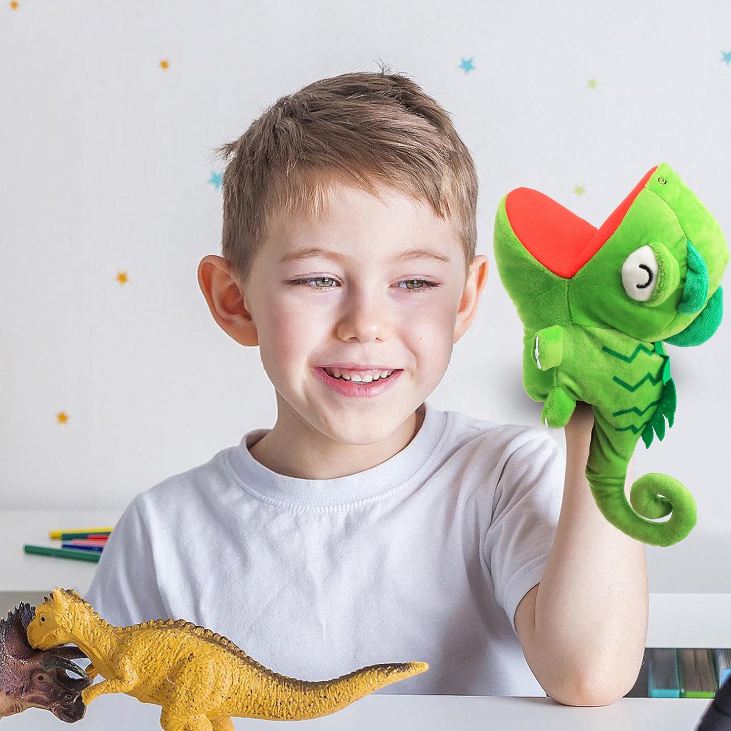 Cuteoy Plush Chameleon Hand Puppet Stuffed Animal Toy Open Movable Mouth Creative Role Play Storytelling Dinosaur Plushies Gifts For Kids Toddlers Birthday Christmas