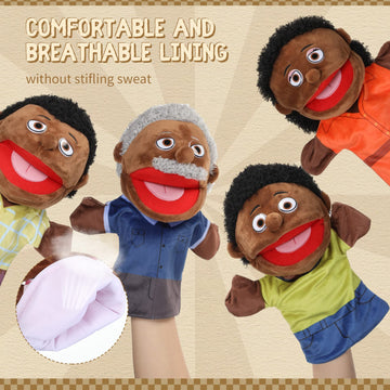 Lenwen 6 Pcs Family Hand Puppet Set 11.8 Inch Family Members Puppets With Movable Mouth Soft Plush Hand Puppet For Boys And Girls Teens Storytelling Play School Teaching Preschool (African American)