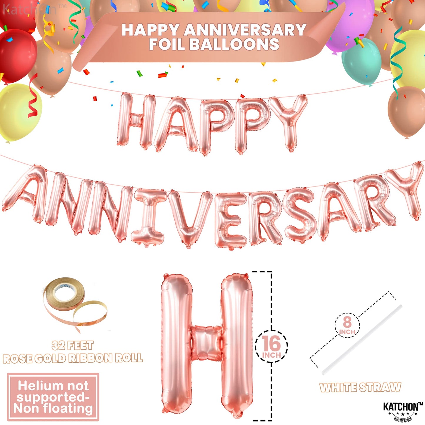 Katchon, Rose Gold Happy Anniversary Balloons Letters - 16 Inch | Happy Anniversary Banner For Happy Anniversary Decorations | Rose Gold Happy Anniversary Backdrop | Happy Anniversary Balloon Banner