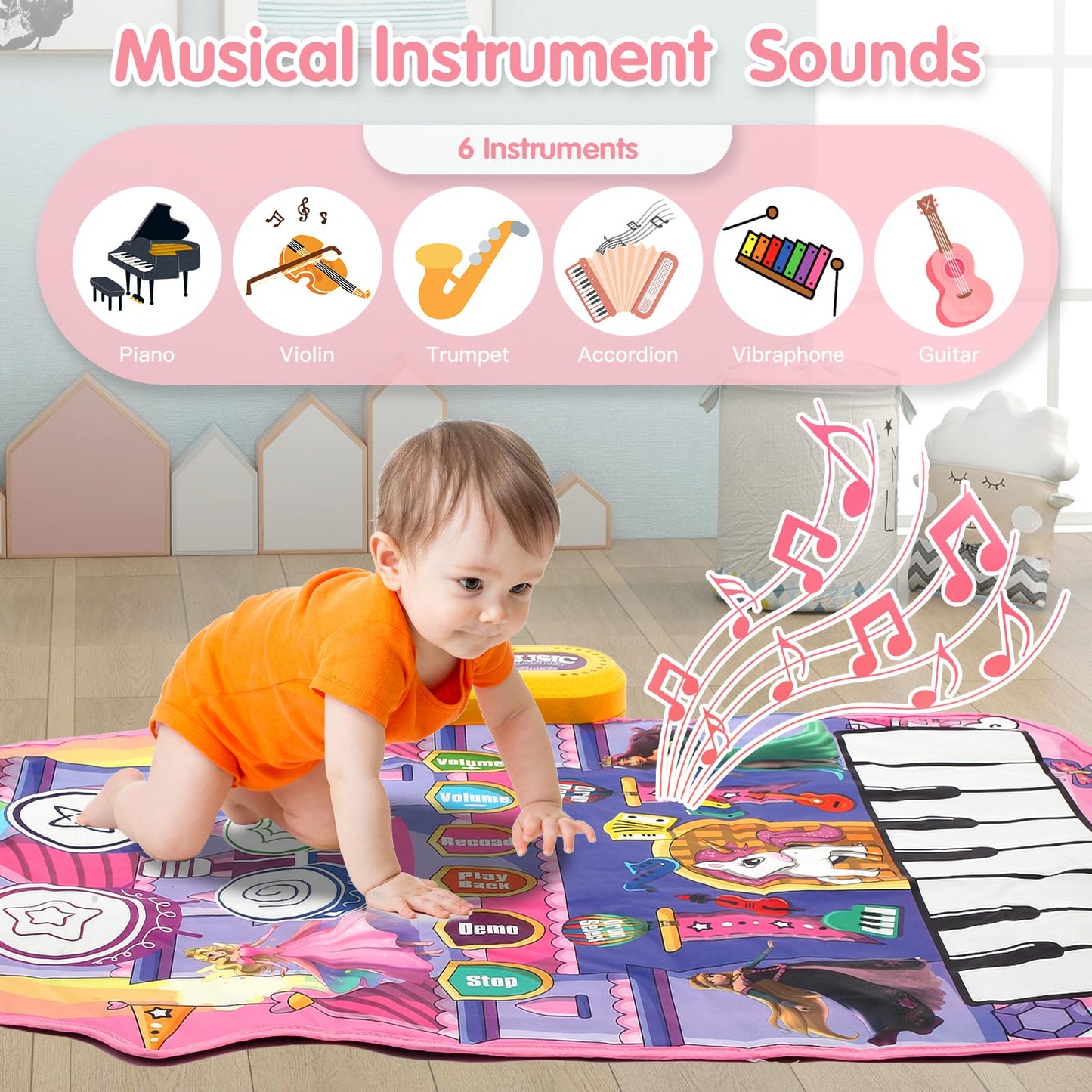 2 In 1 Piano Drum Babies Play Mat, Piano Keyboard & Drum Animal Touch Unicorn Knight Dinosaur Toys, Early Educational Musical Le