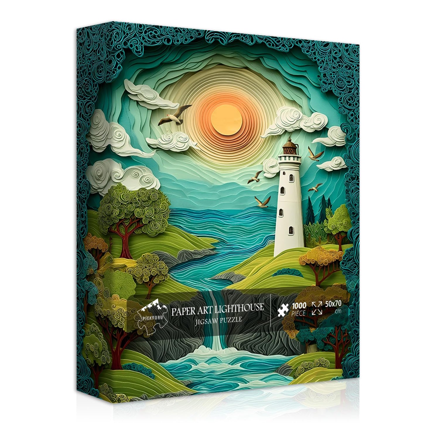 Lighthouse Puzzles for Adults 1000 Pieces, Ocean Puzzles Sunset Bird Nature Scenic Paper Cut Art, Sea Nature Scenery Challenge J