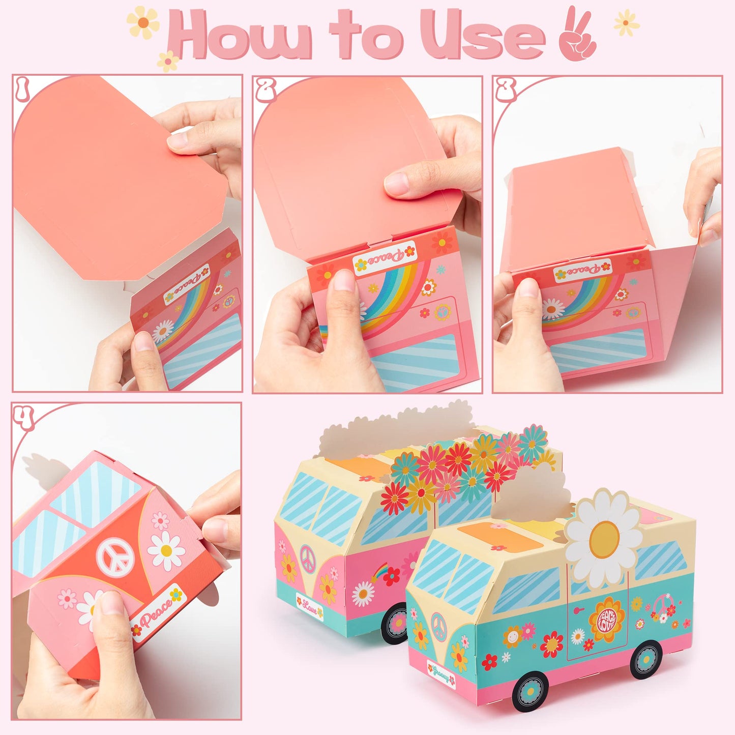 ANGOLIO 12Pcs Groovy Party Favor Boxes Groovy Hippie Peace Bus Centerpiece Birthday Party Decorations Peace Signs Daisies Rainbo