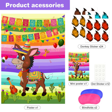 Astaron Pin The Tail On The Donkey Mexican Donkey Game With 24Pcs Tail Stickers For Cinco De Mayo Party, Mexican Party Fiesta Themed Party, Kids Birthday Supplies
