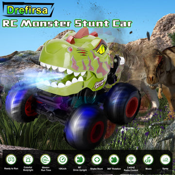Drefirsa Remote Control Car for Boys 4-7 8-12, Dinosaur Monster Truck Toys with 50min+ Runtime, Spray, LED Light, 360 Rotating &