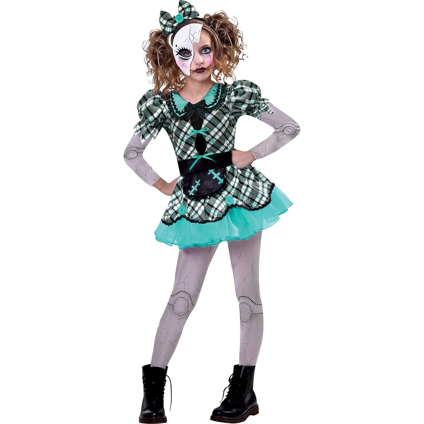 Multicolor Dark Doll Set (Xl 14-16) - Includes Dress, Headband, Mask, & Tights - Perfect For Themed Parties & Halloween Celebrations