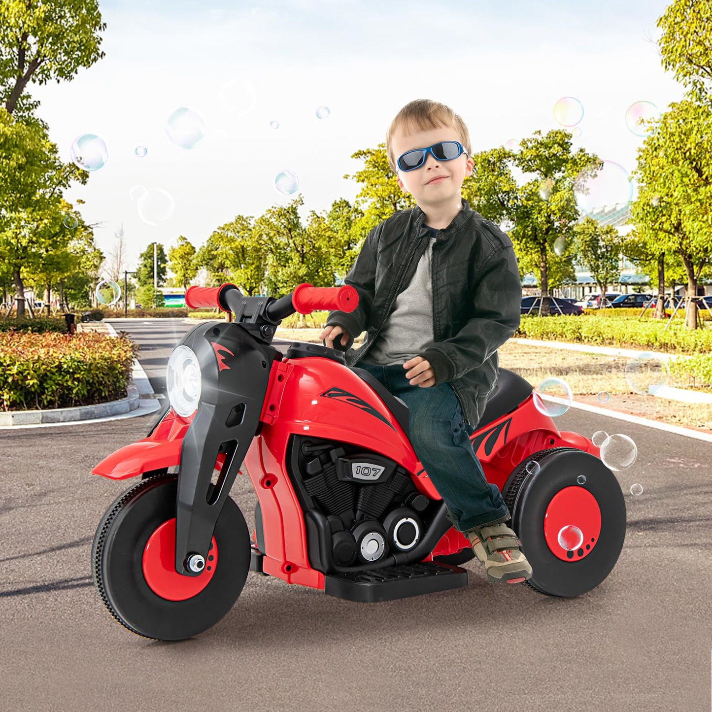 Olakids Kids Motorcycle, 6V Electric Ride On Car With Automatic Bubble Function, Foot Pedal, Headlight, Music, 3 Anti-Skip Wheel