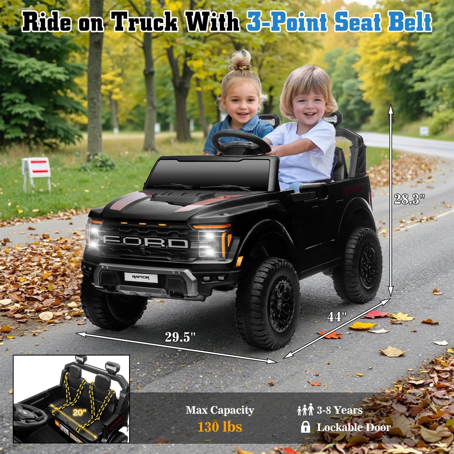 Segmart Licensed Ford F-150 Raptor 2 Seater Electric Car, 24V Ride On Car For Big Kids With Remote Control, Toddler Car W/4 Whee