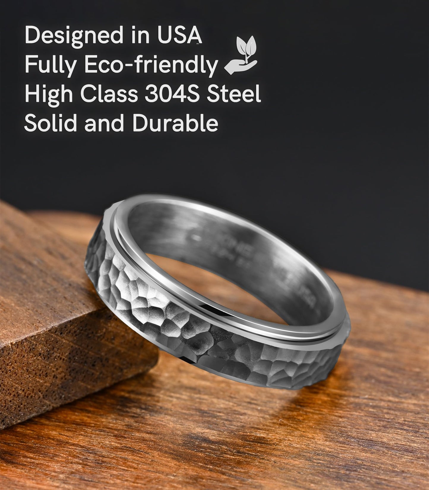 King Ring 6mm Spinner Hammered Ring - Stress Relief Fidget Ring for Men & Women K39V2 - Silver 06