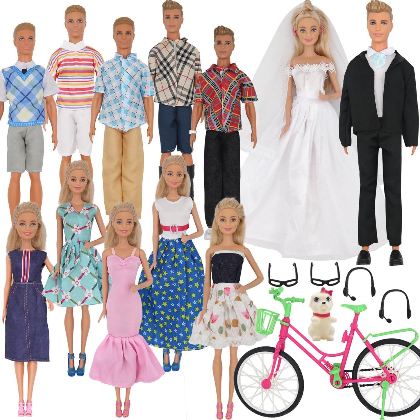 Ztweden 33Pcs Doll Clothes And Accessories For 12 Inch Boy And Girl Doll, Includes 20 Wear Clothes Shirt Jeans Suit And Wedding Dresses, Glasses Earphones Dog And Bike For 12'' Boy Girl Doll
