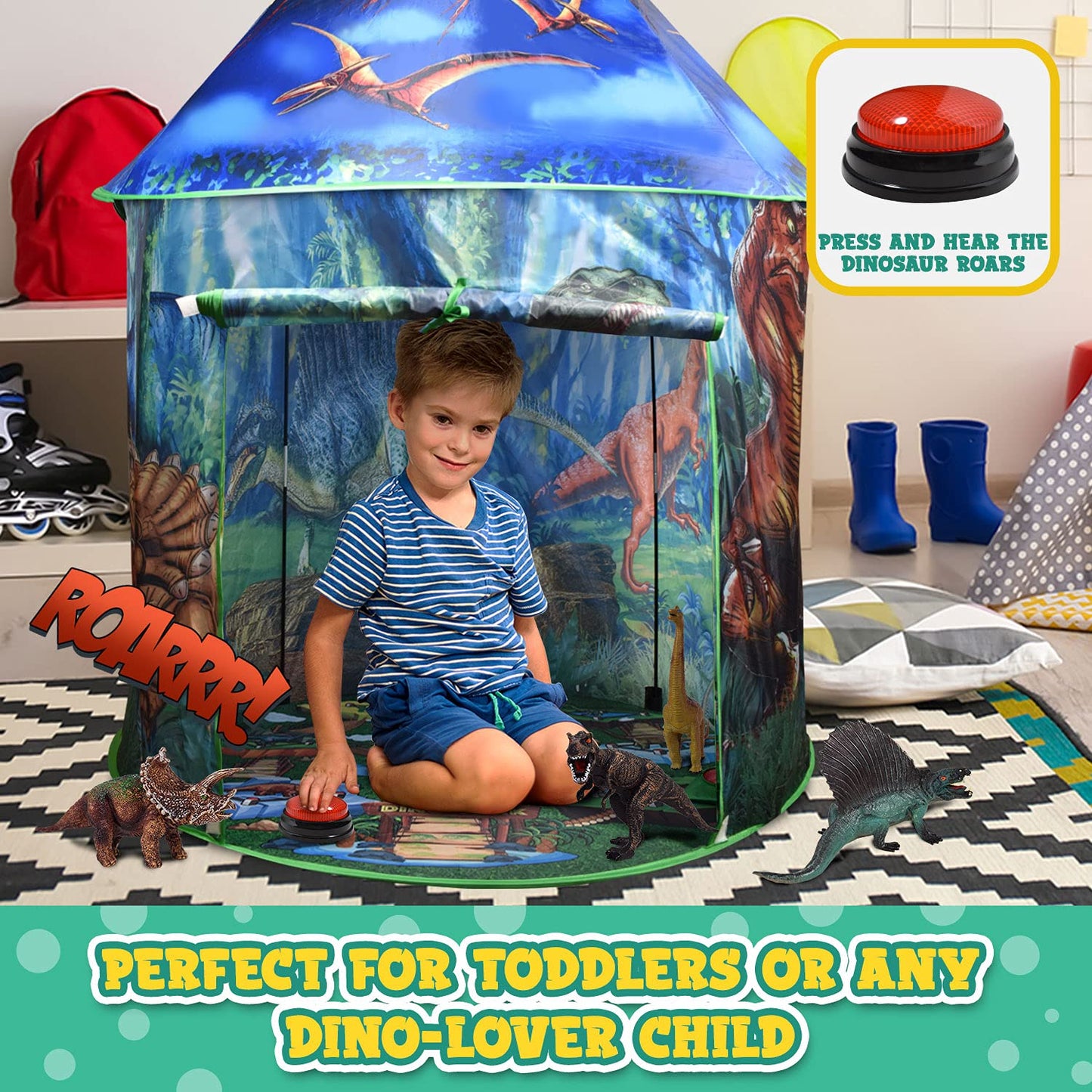 Dinosaur Pop Up Kids Play Tent By Toy To Enjoy Indoor & Outdoor, Boys & Girls Includes Remote Controlled Lights, Roar Sound Butt