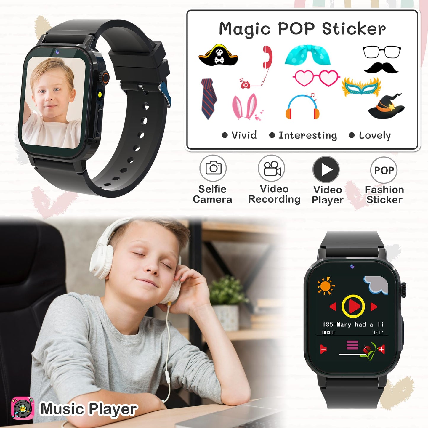 Kids Watch Boys With 32 Games Toys For Ages 3-12 Smart Watch For Kids With Hd Touch Screen,Video,Camera,Music Player,Pedometer,Learn Cards,Audiobook,10 9 8 7 6 5 4 Year Old Boys Birthday Gifts(Black)