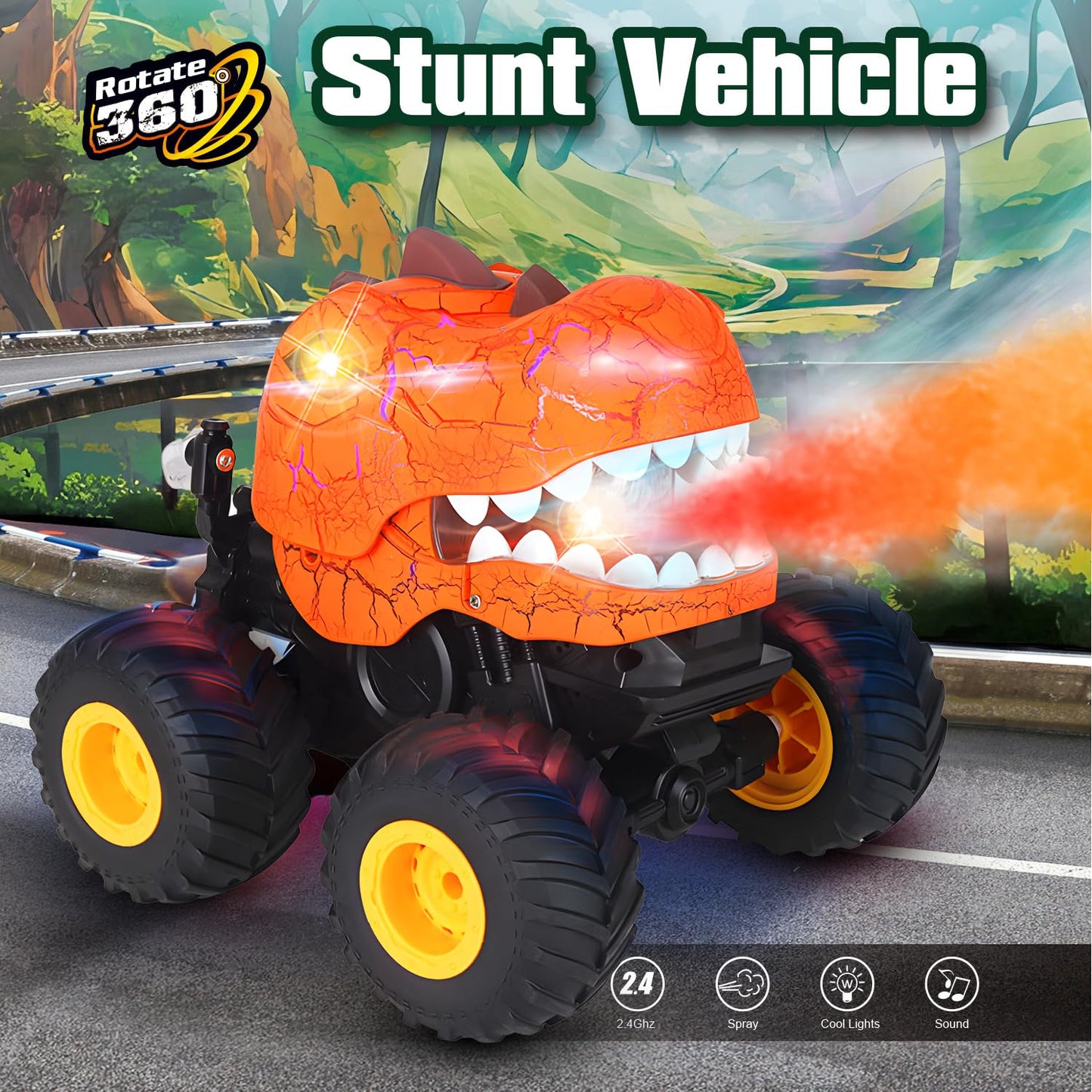 Dinosaur Remote Control Car, 360 Rotating RC Stunt Car Monster Truck Toys with Spray, Light & Sound, 2.4GHz All Terrain RC Cars