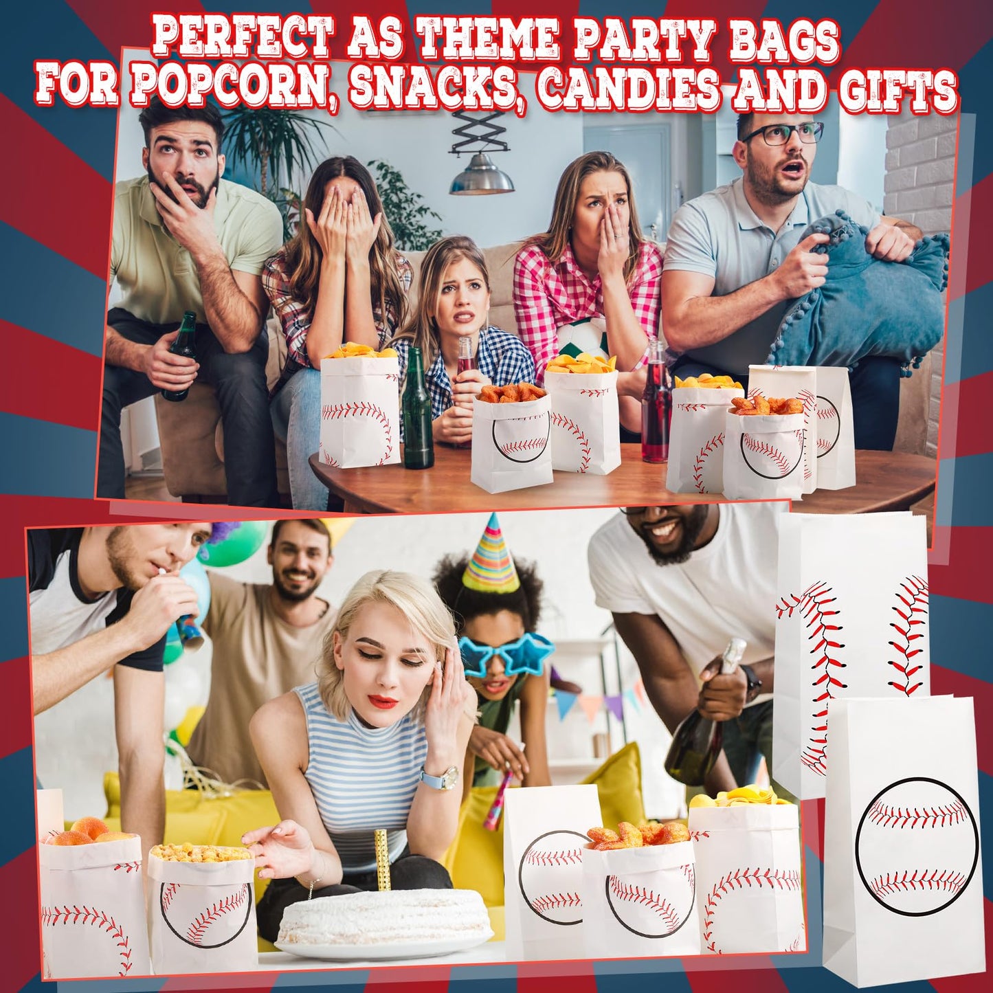Watersay 50 Pcs Baseball Goodie Gift Bags Bulk 12 x 6 x 4 Inch 8 lb Baseball Team Party Favor Bags Sports Themed Kraft Paper San