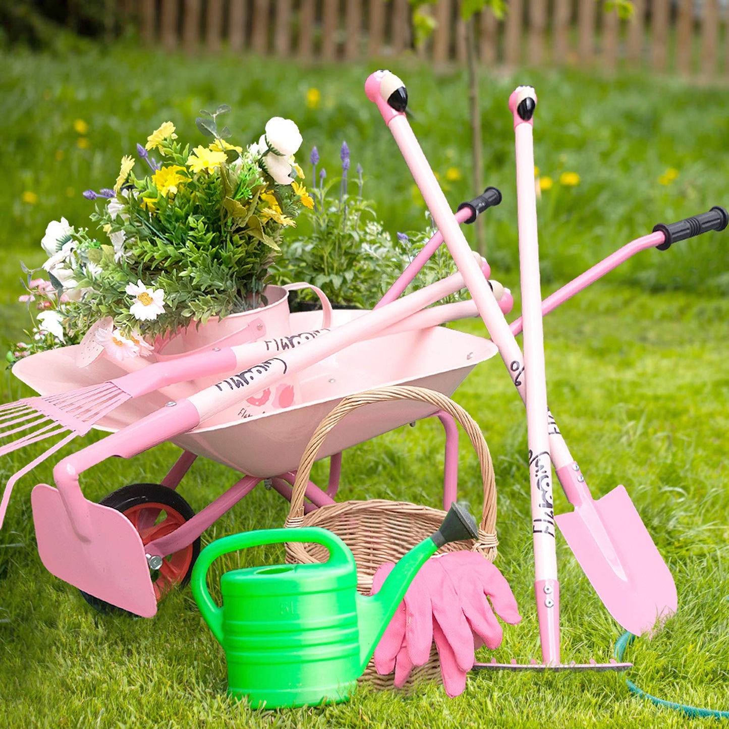 Altdorff Kids Rake and Shovel Set 29.6'' Kids Long Hand Tools Include Rake Leaf Rake Shovel Hoe and Mini Garden Hand Tools Gardening Toy Gift for Girls Age 3+ Years(Pink)