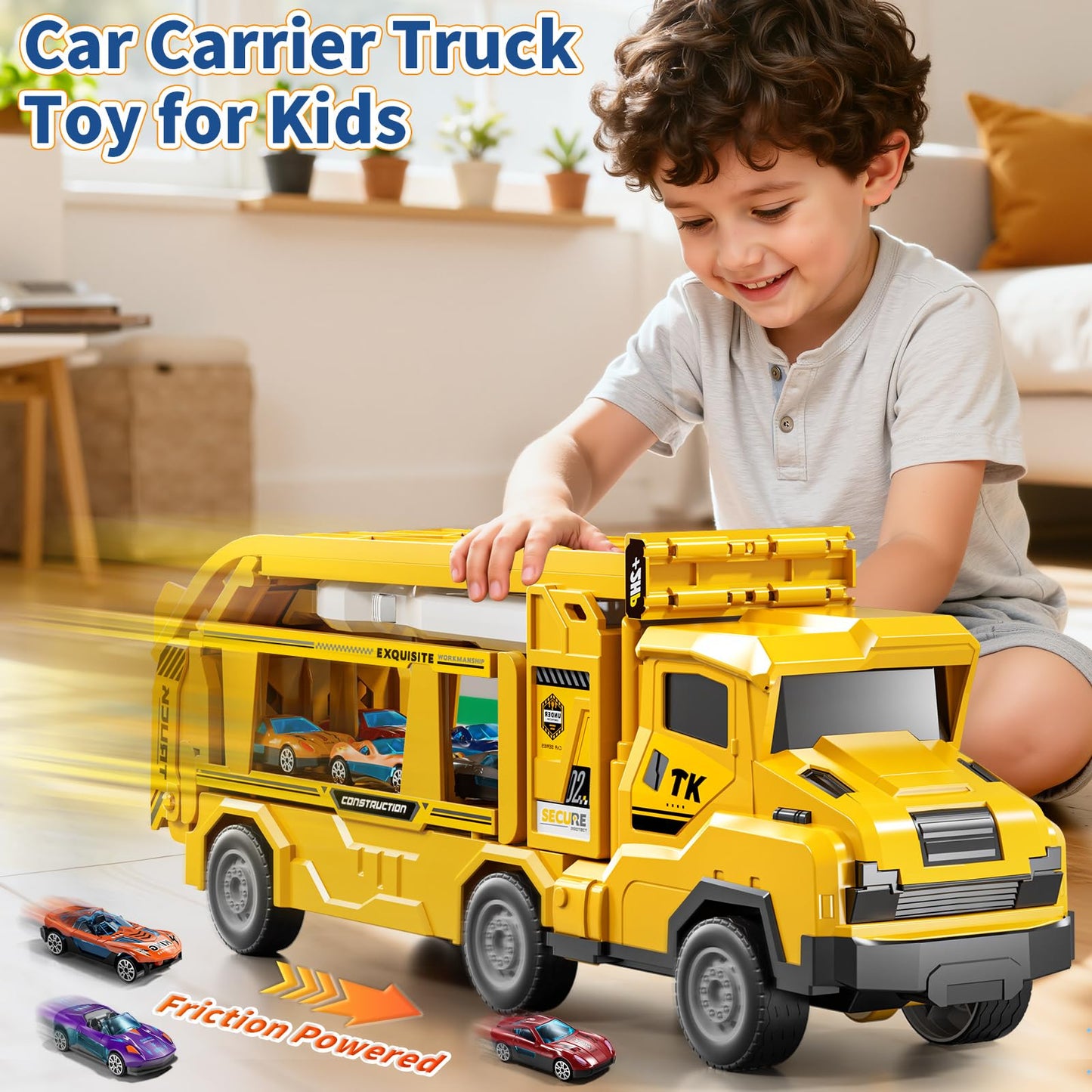 GOGIHCCH 3-in-1 Kid Carrier Truck Toy Car Tracks for Toddlers 2-4 Years Old with 12 Racing Cars Toys, Foldable Chasing Race Trac