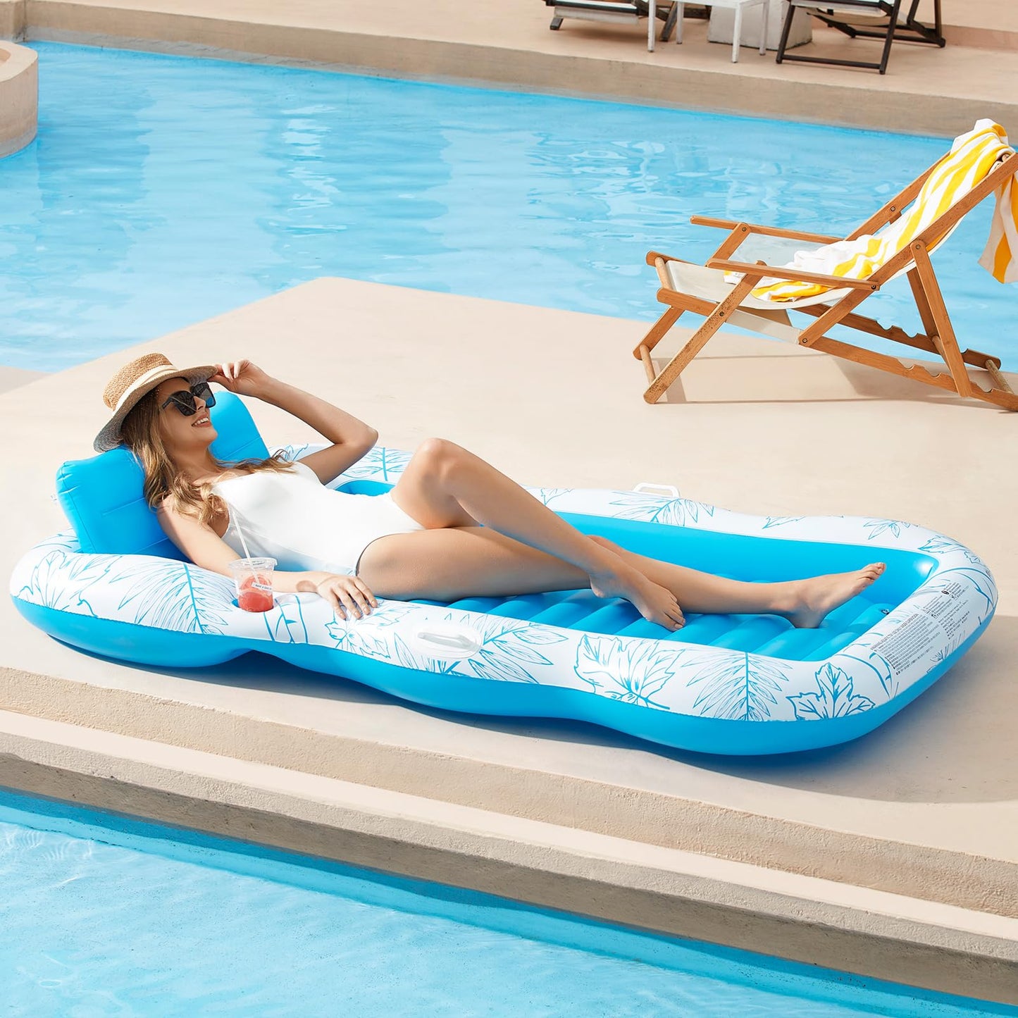 Inflatable mature-themed Pool Lounger Float - BAIAI Extra Large Beach Sun Tanning Floats Raft Sunbathing Water Lounge Floaties Tub with Drink Holder Blow Up Lake Suntan Floating Swimming Mattress Mat (XXL)