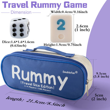 Doublefan Rummy Set Travel Size Rummy Game with Portable Bag Mini Rummy Cube Game for mature-themed and Kids 106 Tiles 4 Playing Rack 1 Dice (2-4 Players)
