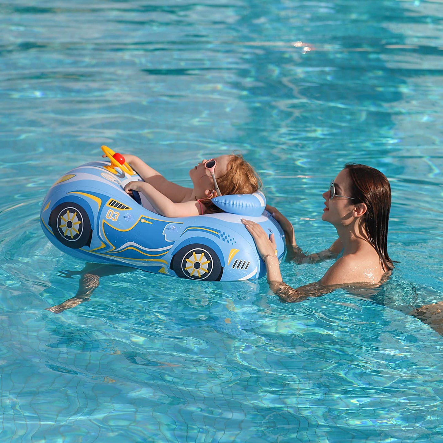 Swimbobo Toddler Pool Float Inflatable Car Baby Swim Float With Adjustable Sun Canopy And Safety Seat Pool Toys For Kids 1-4 Years Old (Blue Sports Car)