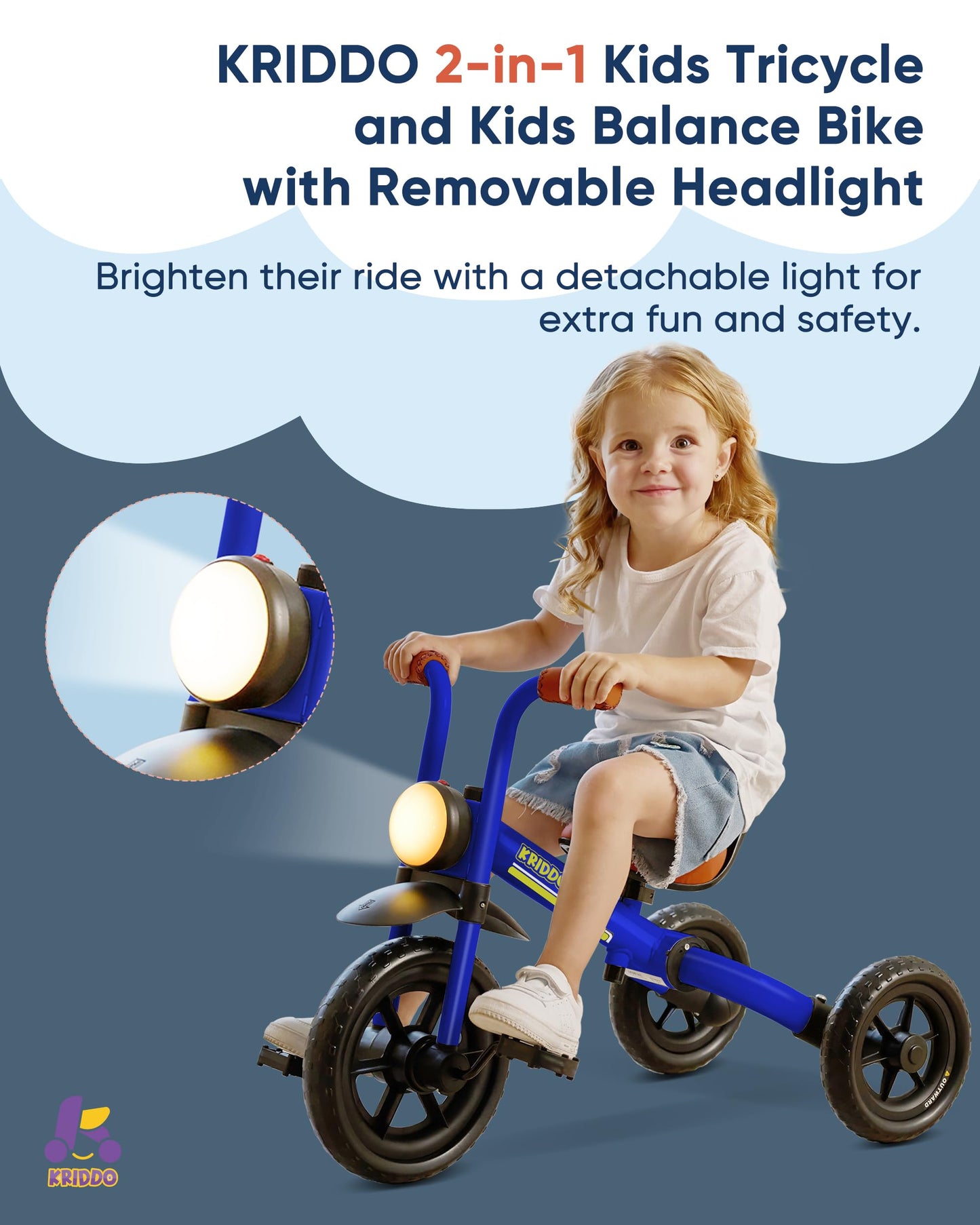 KRIDDO 2-in-1 Kids Balance Bike and Kids Tricycle for 2 to 5 Year Old, Toddler Balance Bike 2 Year Old with Detachable Pedals, T