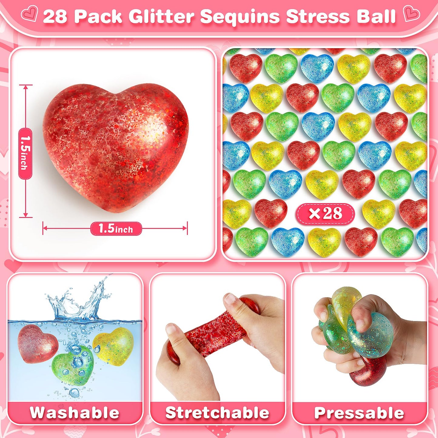 Valentines Day Gifts Cards For Kids, 24 Pack Heart Stress Balls With Greeting Cards, Stretchy Toy Balls Bulk Gift For Kids Class