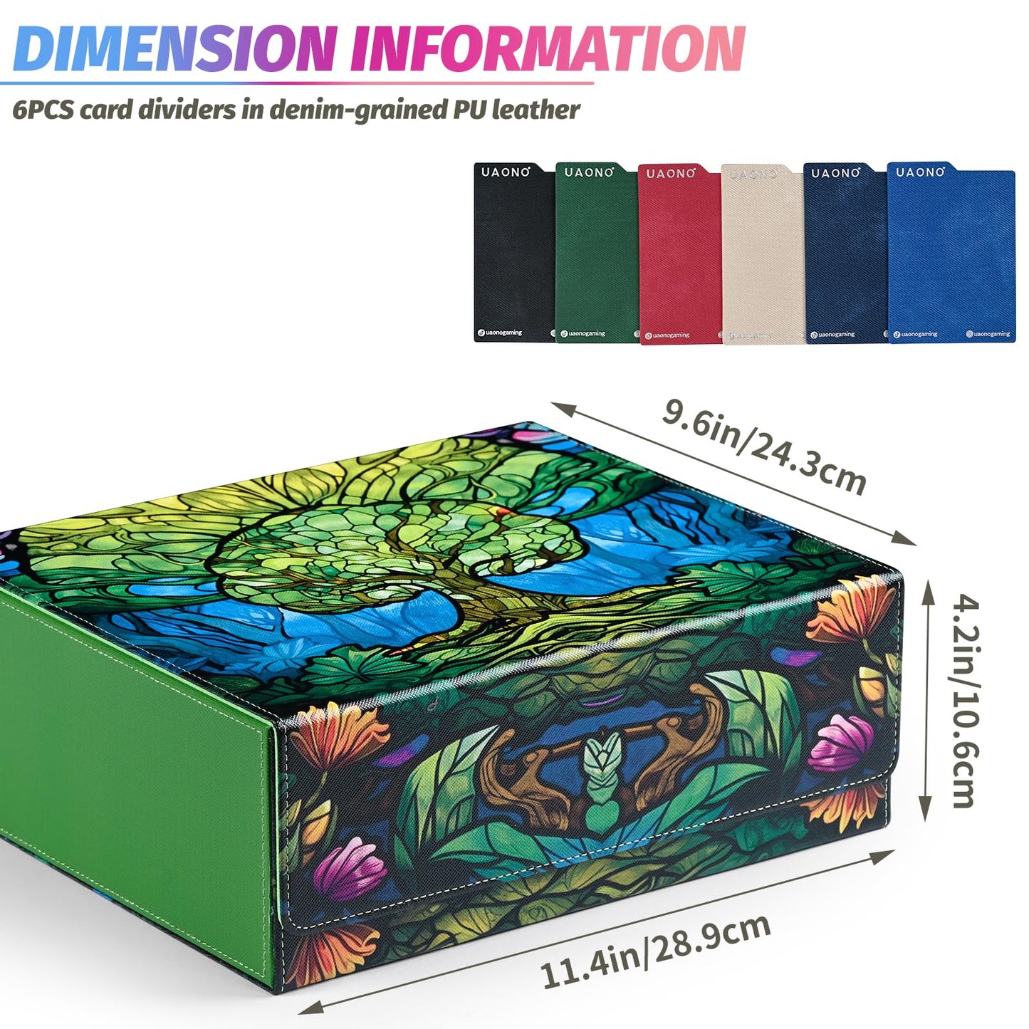 Uaono Card Storage Box For Mtg, Trading Card Deck Box Holds 1800+ With 6 Dividers, Leather Printing Magnetic Closure Card Storage Case Fits Tcg Ccg Sports Cards (Green, Tree)