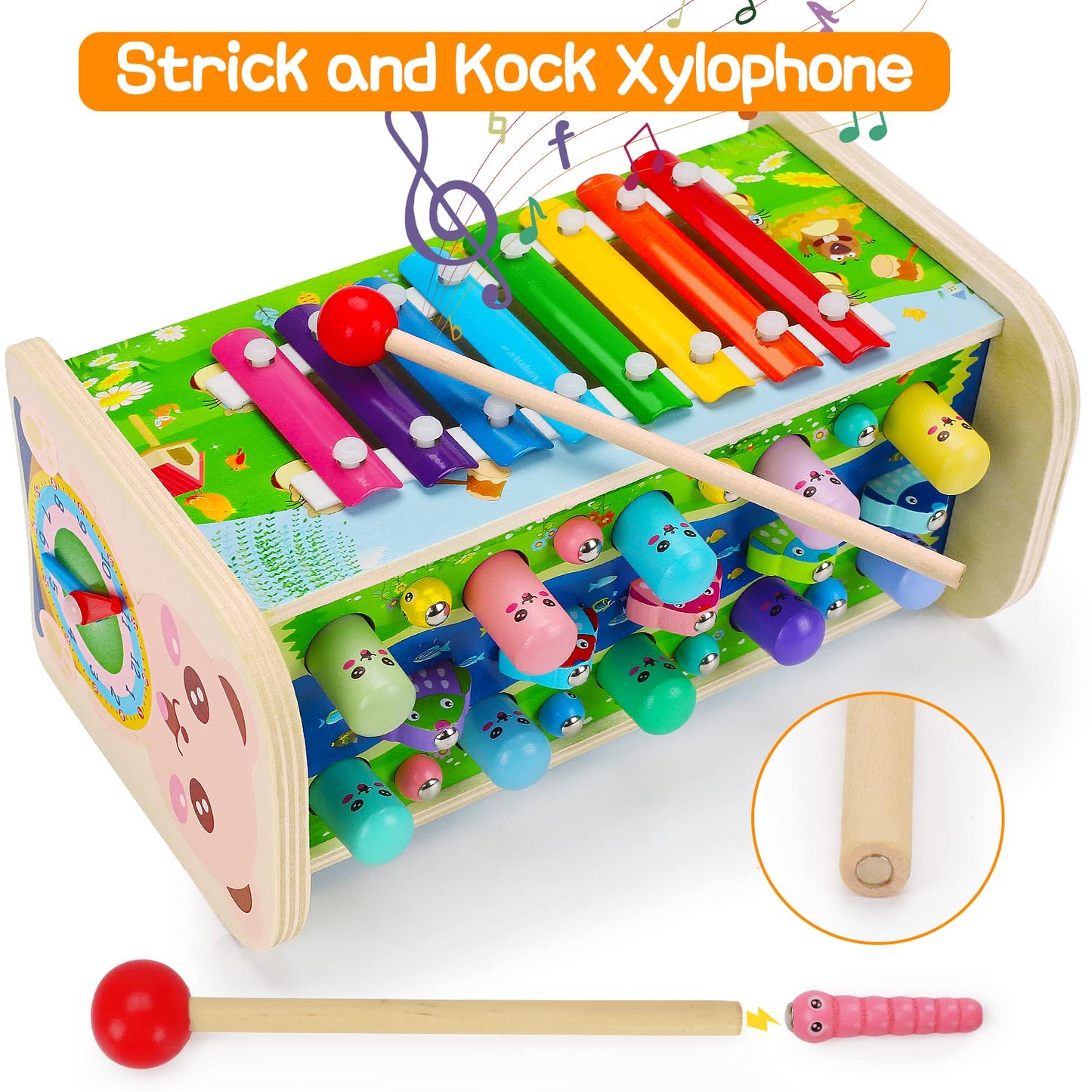 Educational Wooden Montessori Toys For 1 Year Old Age 2 3 Toddler Sensory Toy Developmental Learning Hammering Pounding Toys Xylophone Fine Motor Skill Toy 1-3 Preschool Activity Age 1-2 0-2 Gift