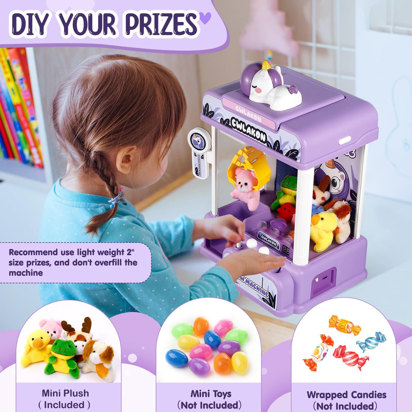 Cwlakon Claw Machine For Kids, Mini Vending Machine Unicorns Toys With Sound For Girls Age 3+, Candy Grabber Prize Dispenser Mac