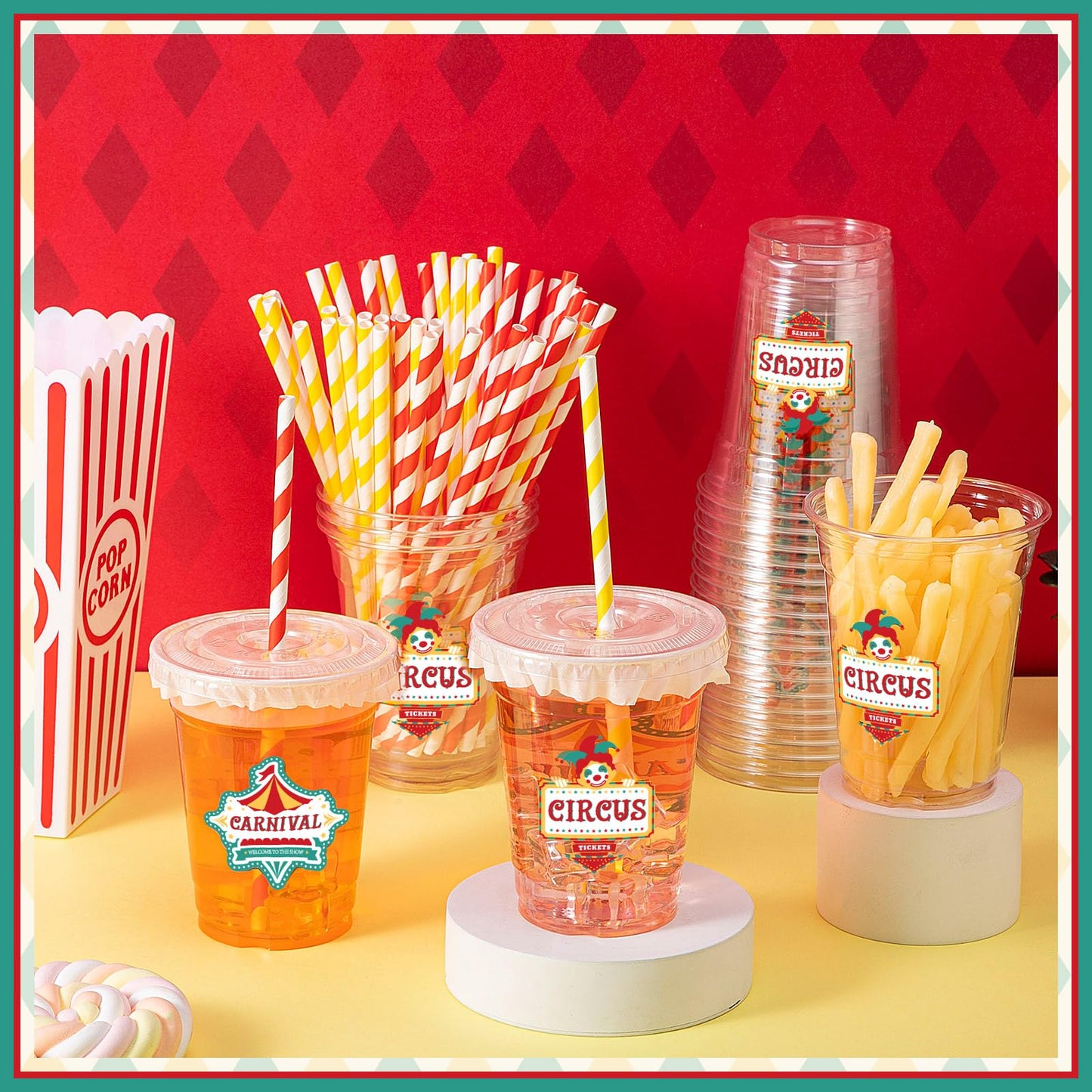 Foldtier 50 Pcs Carnival Party Plastic Cups 12 Oz Disposable Plastic Cups With Straws And Lids Circus Clear Cup Birthday Cups Su