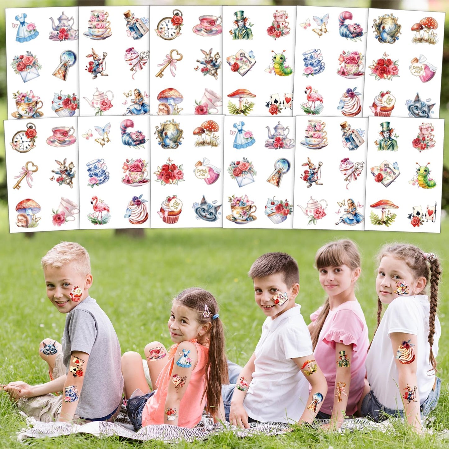 BOIKOKY Alice in Wonderland Party Favors - 98PCS Gift Set with Bracelets, Keychains, Tattoos, Stickers & Pins - Vintage Wonderland Theme