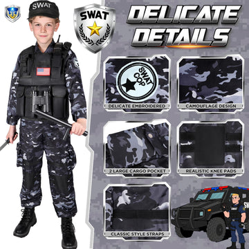 Luucio SWAT Police Costume for Kids Kids Police Officer Costume for Boys with SWAT Vest Toddler Halloween Costumes for Boys Girls Role Play Kit