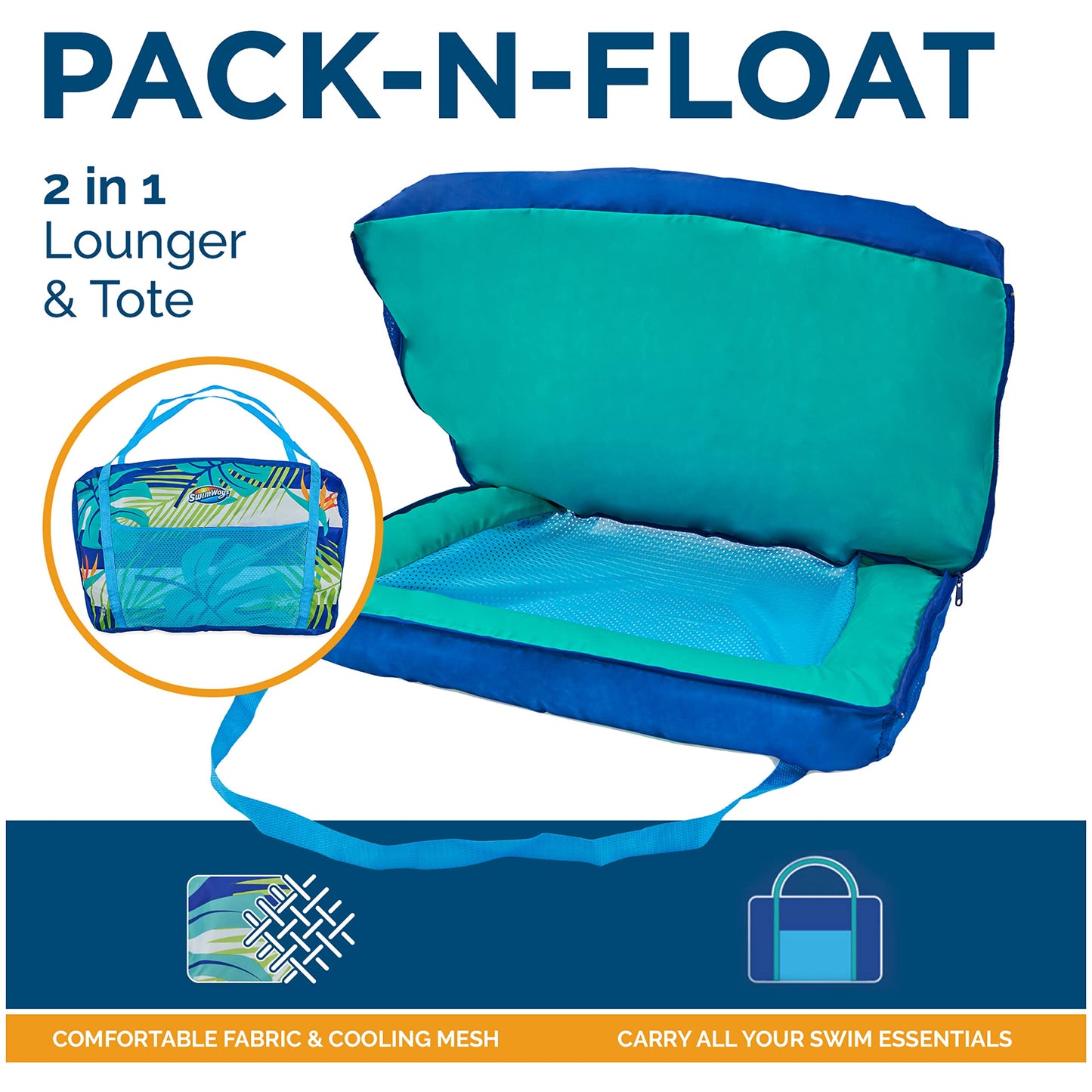 Swimways Pack-N-Float 2-In-1 Pool Chair And Tote Bag, Blue Palm