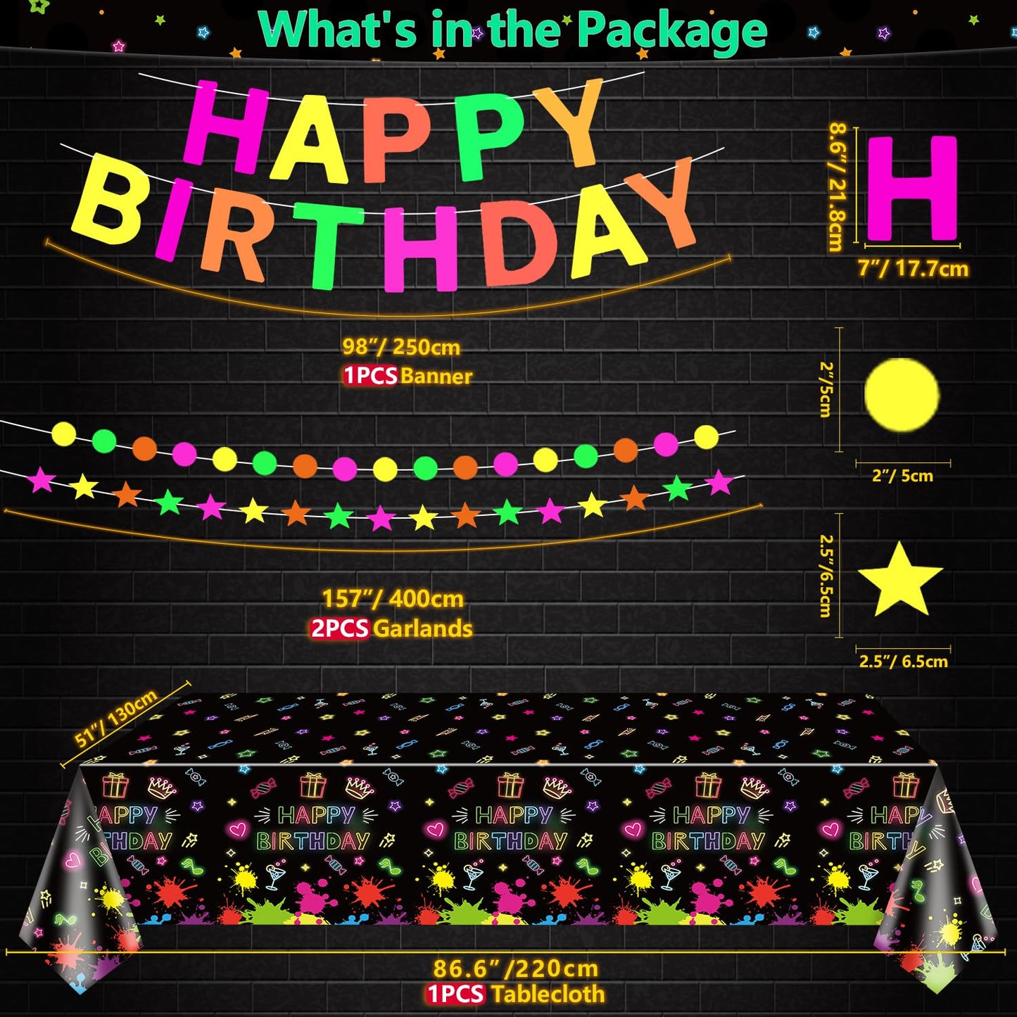 LKITMIUT 173 Pack Glow Neon Party Supplies - Glow Sticks, Fluorescent Banner, Neon Garlands, Balloons & Tablecloth for Black Light Decor