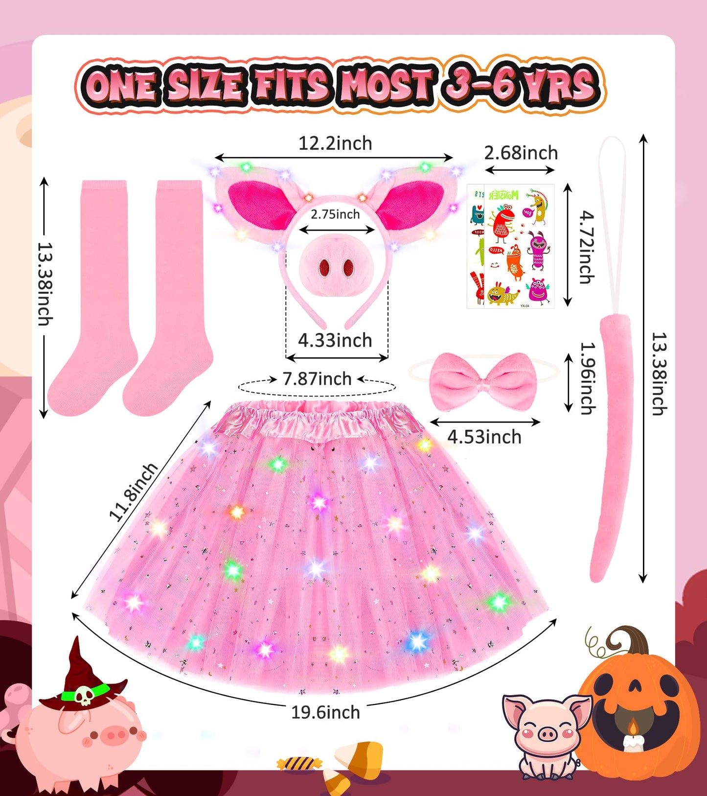 Teuevayl Pig Costume for Girls, Kids Pink Pig Costume with LED Light Up Tutu Skirt, Halloween Costumes for Girl Kid Age 3 4 5 6