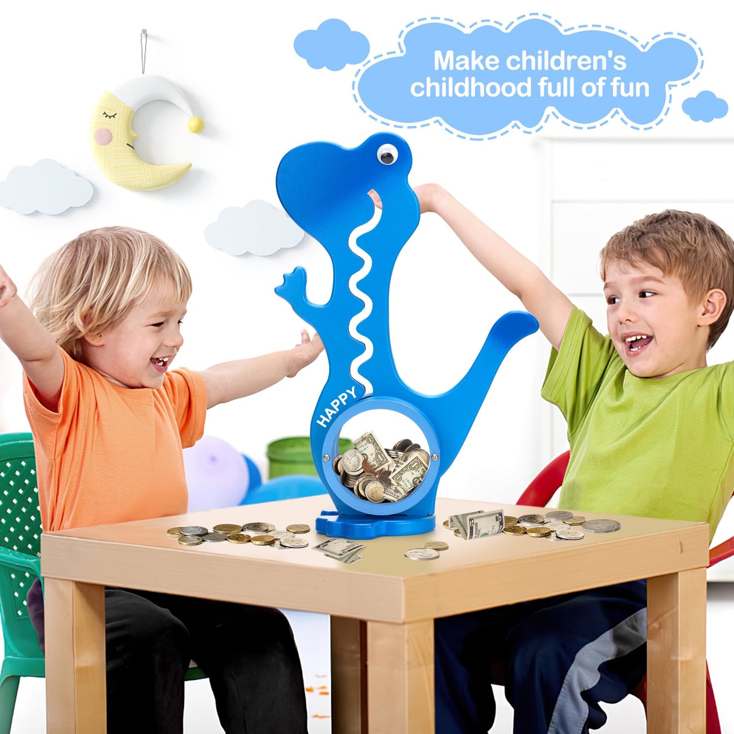 Aorcmitn Wooden Dinosaur Piggy Bank Boalord For Boys Kids Girls Clear Big Belly Animal Coin Bank For Toddler Real Money Toy(Dino-Blue)